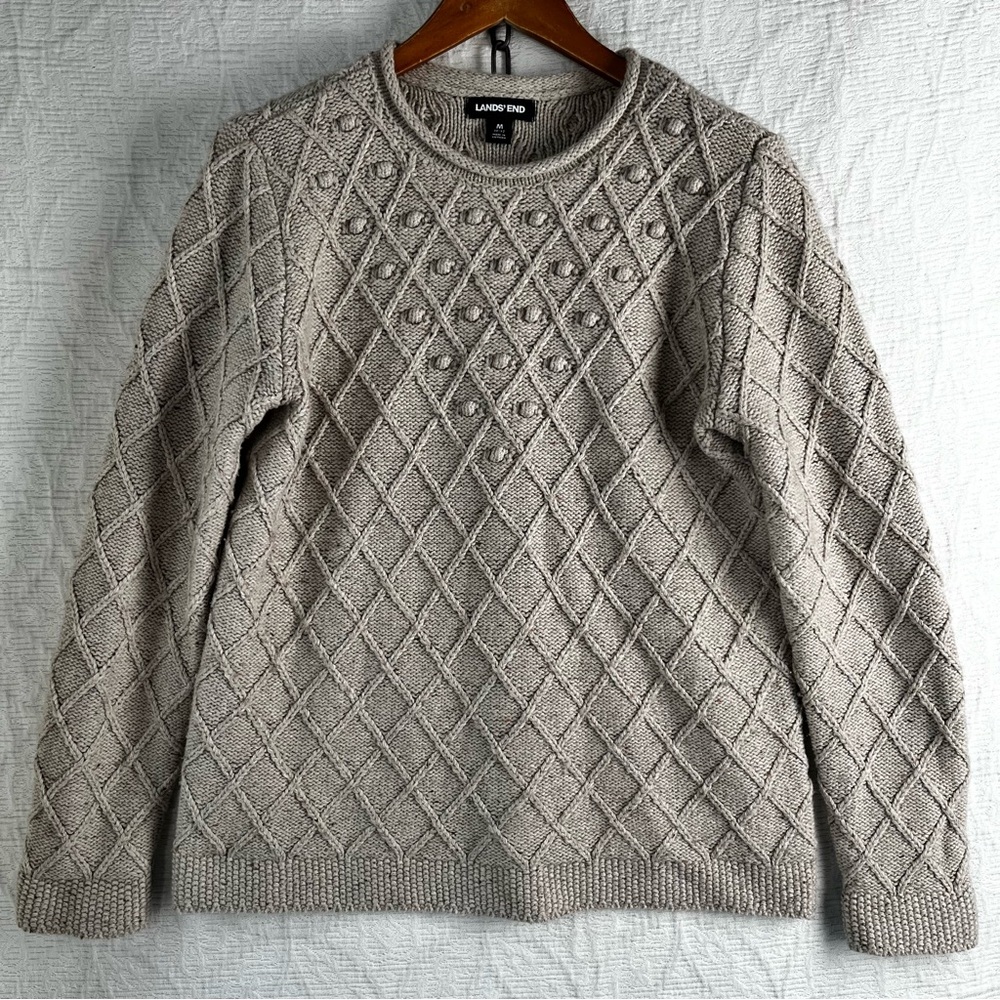 Lands End Cotton Blend Rollneck Sweater Women M Beige Donegal Knit Oatmeal Tweed